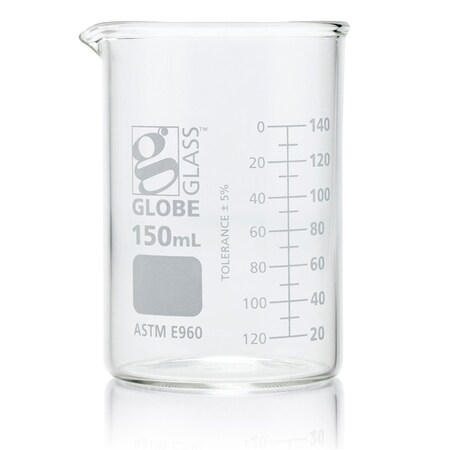 GLOBE SCIENTIFIC Beaker, Globe Glass, 150mL, Low Form Griffin Style, Dual Graduations, ASTM E960, 12/Box, 12PK 8010150